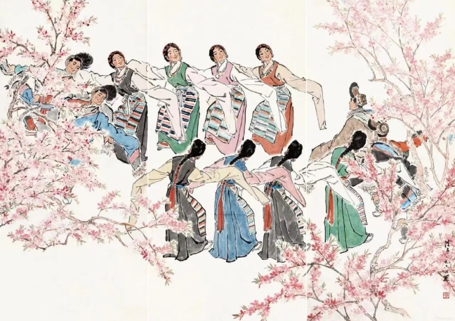 葉淺予高原之春紙本設(shè)色211cm×98cm、211cm×105cm、211cm×98cm1964年